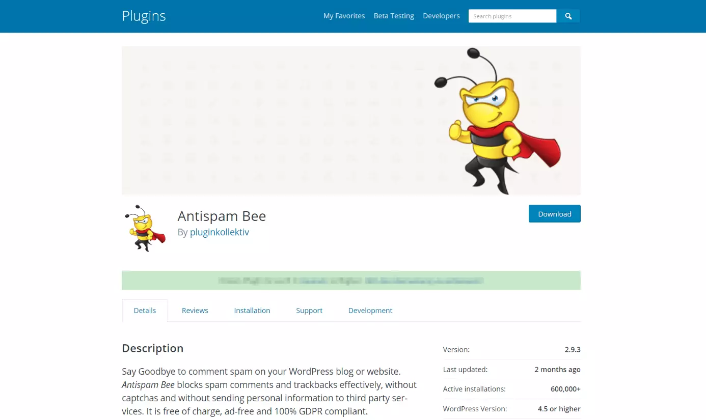 wordpress.org: Plugin-Übersichtsseite zu „Antispam Bee“