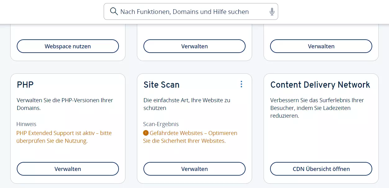 IONOS Kundenkonto: PHP-Eintrag in der Hosting-Übersicht