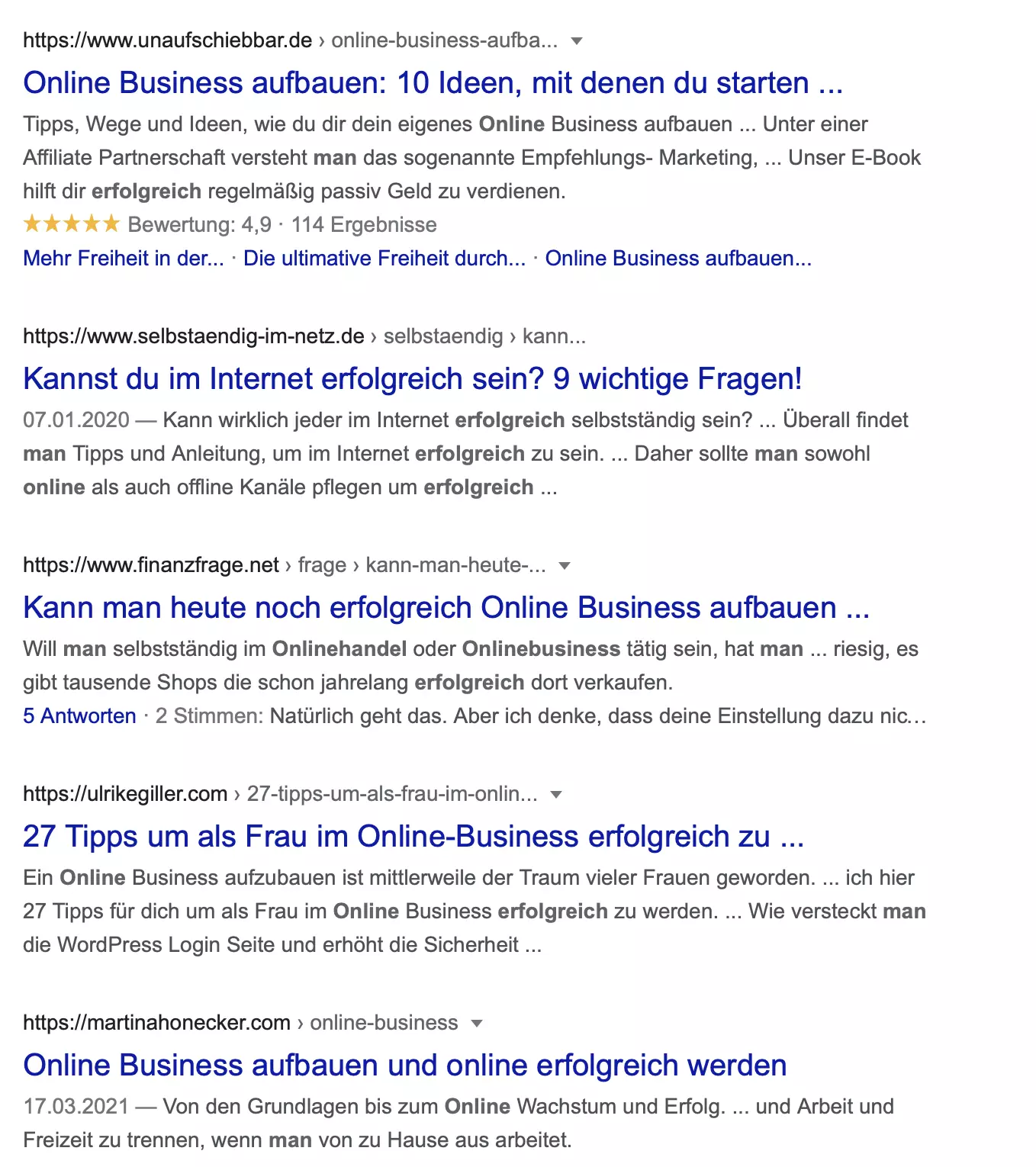 Die Suchergebnisseite (SERP) für den Begriff "Wie wird man online erfolgreich". 