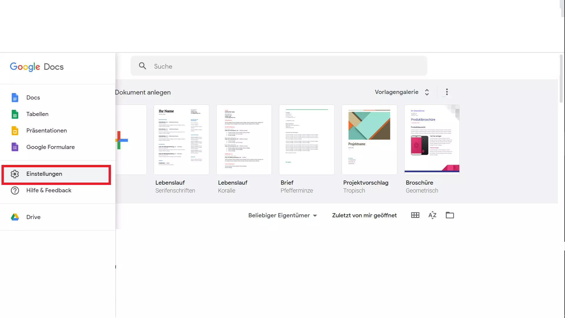 Google Docs: Markiertes Zahnradsymbol, über das sich die Einstellungen öffnen lassen