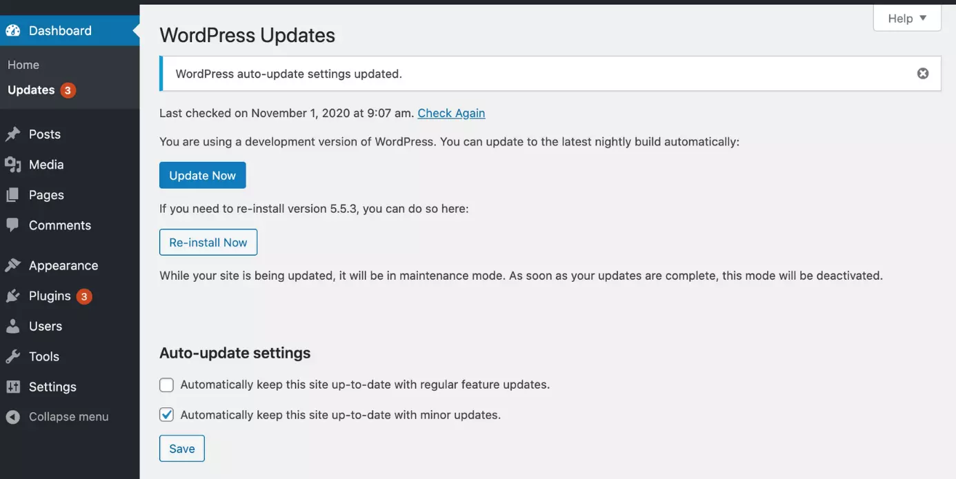 Screenshot eines WordPress-Dashboards mit ausstehenden Updates