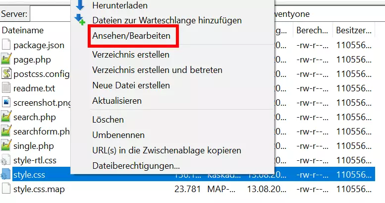 Screenshot von FileZilla mit ausgewählter Stylesheet-Datei