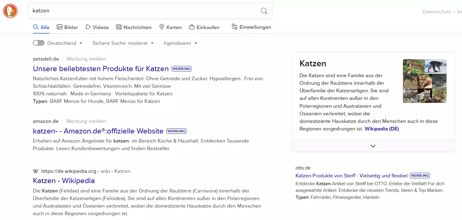 DuckDuckGo-Suchergebnisse für den Begriff „Katzen“