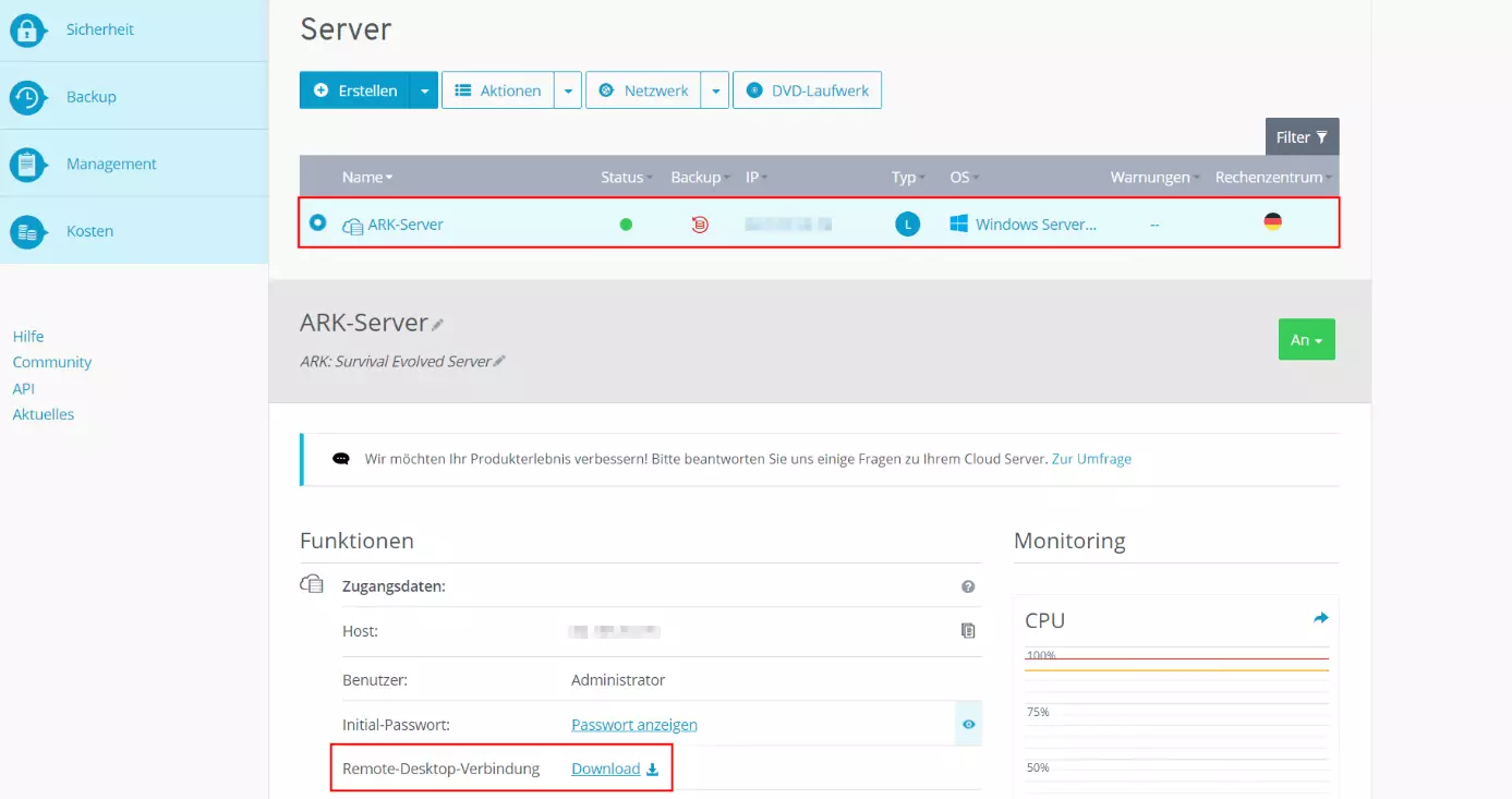 IONOS Cloud Panel: Serverinformationen und Zugangsdaten