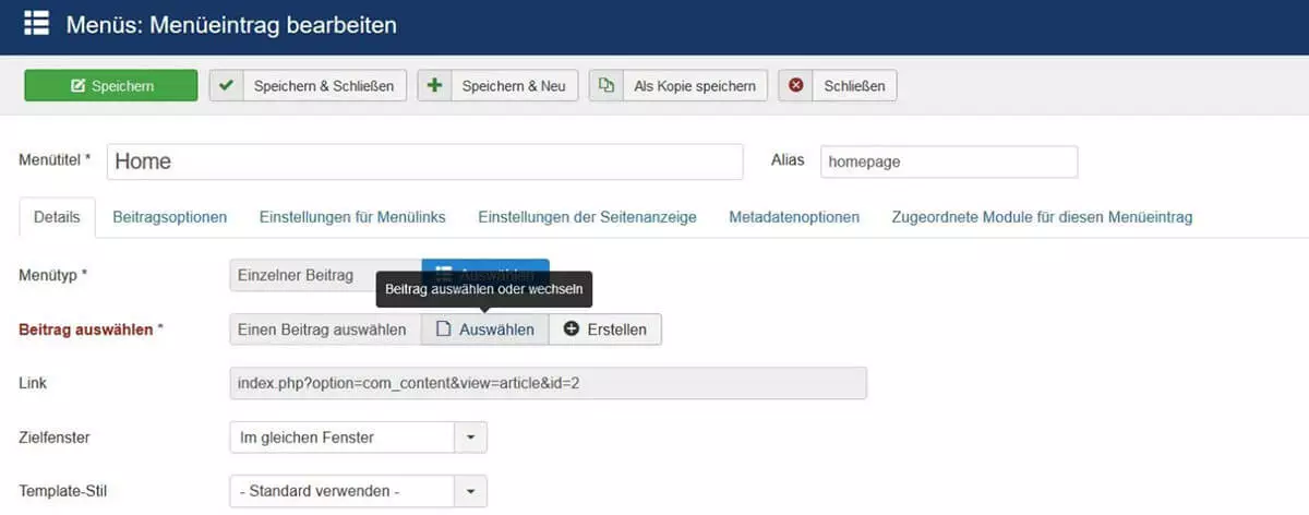 Joomla-Menüeintrag „Home-Menü“