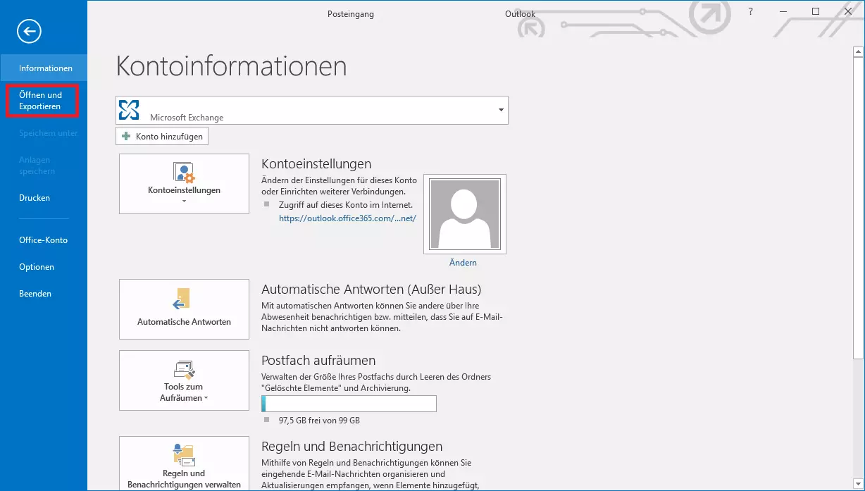 Im Outlook 2019 Hauptmenü „Öffnen und Exportieren“ wählen