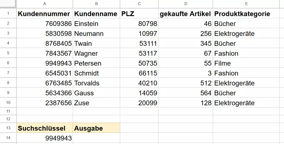 Suchschlüssel definiert in Google Sheets