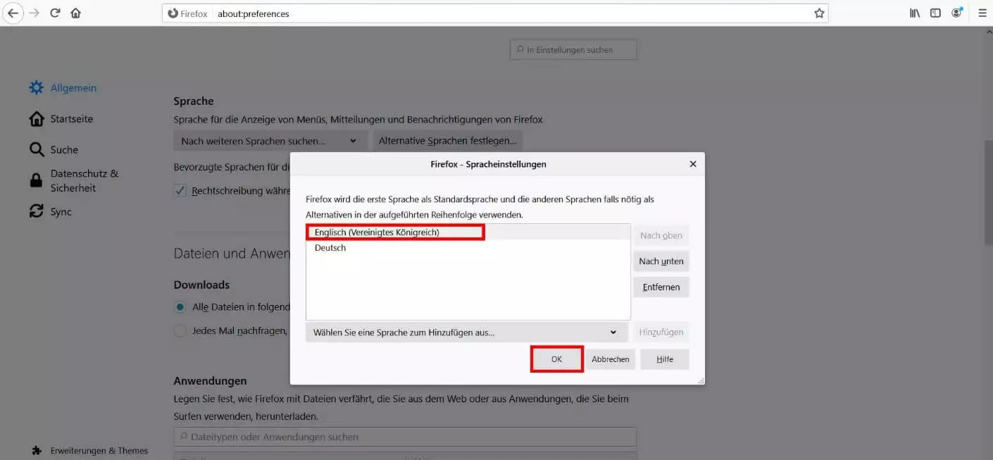 Hinzufügen von neuen Sprachen in den Firefox-Spracheinstellungen