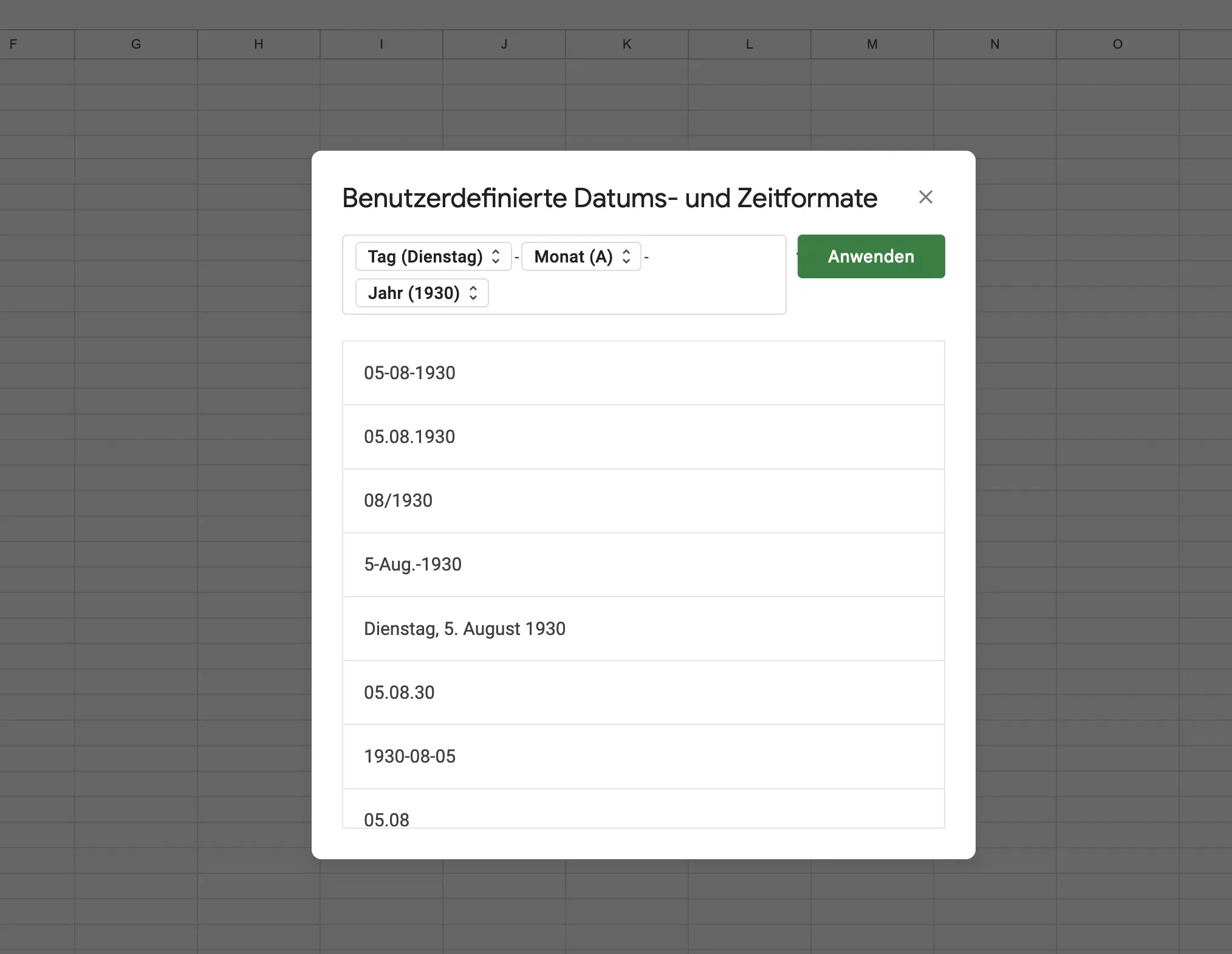 Screenshot der unterschiedlichen Datumsformate