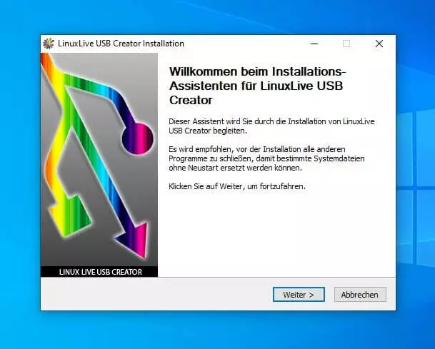 Installationsassistent von LinuxLive USB Creator