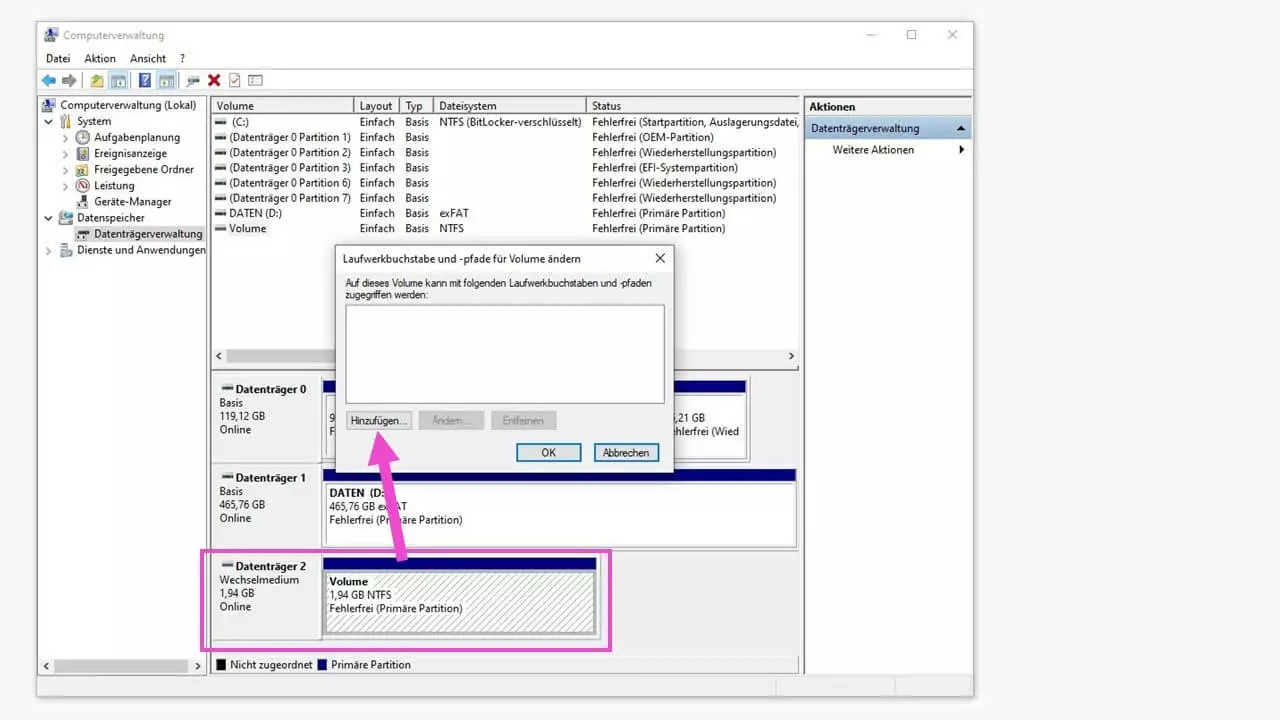 Vergabe eines Laufwerksbuchstabens in der Windows-Datenträgerverwaltung