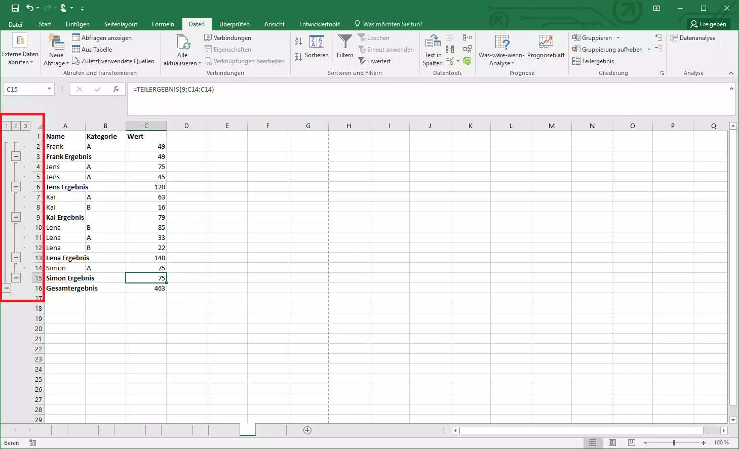 Zusätzliche Seitenleiste in Excel durch Teilergebnis-Tool