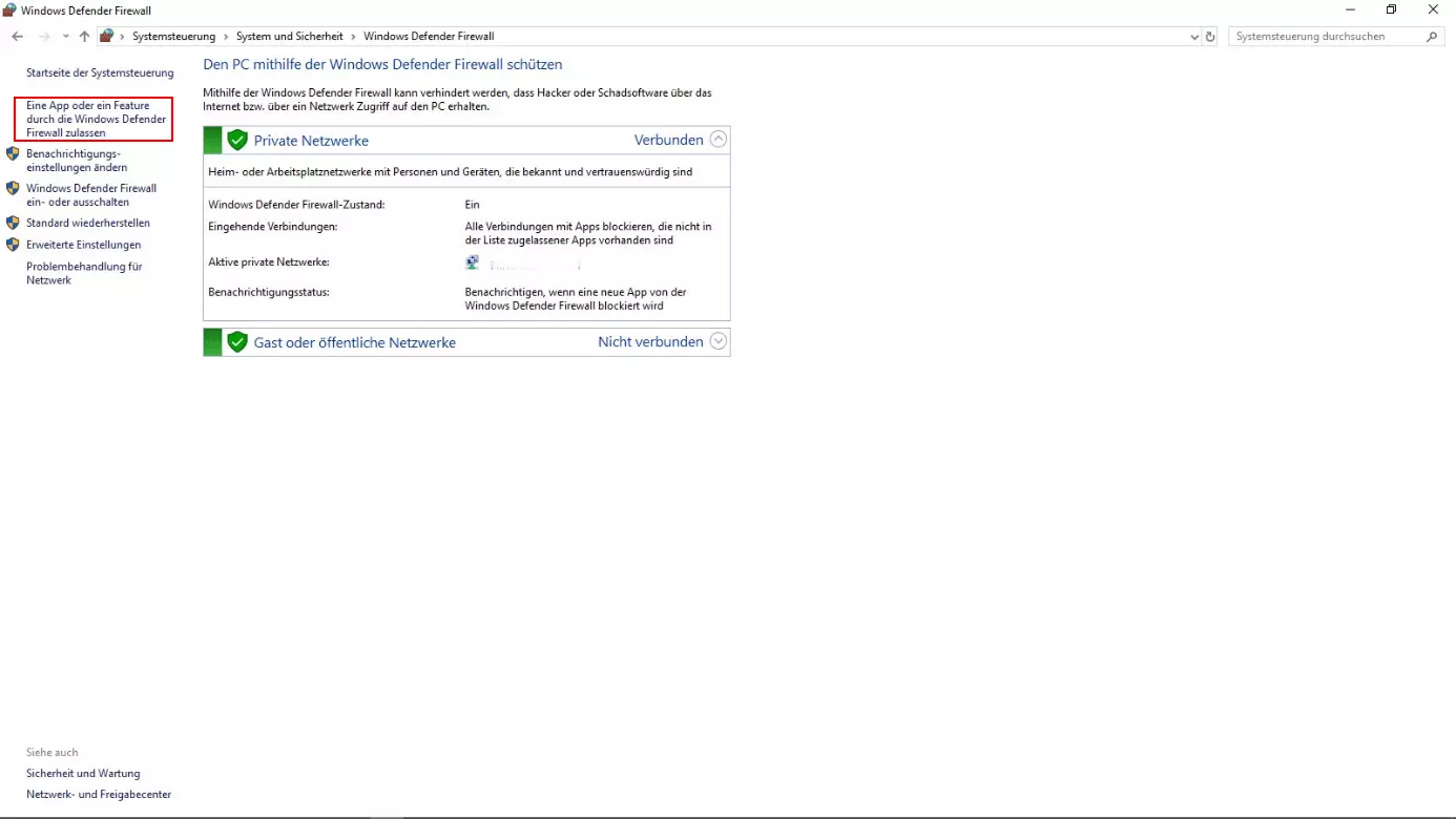 Menüpunkt „Eine App oder ein Feature durch die Windows Defender Firewall zulassen“