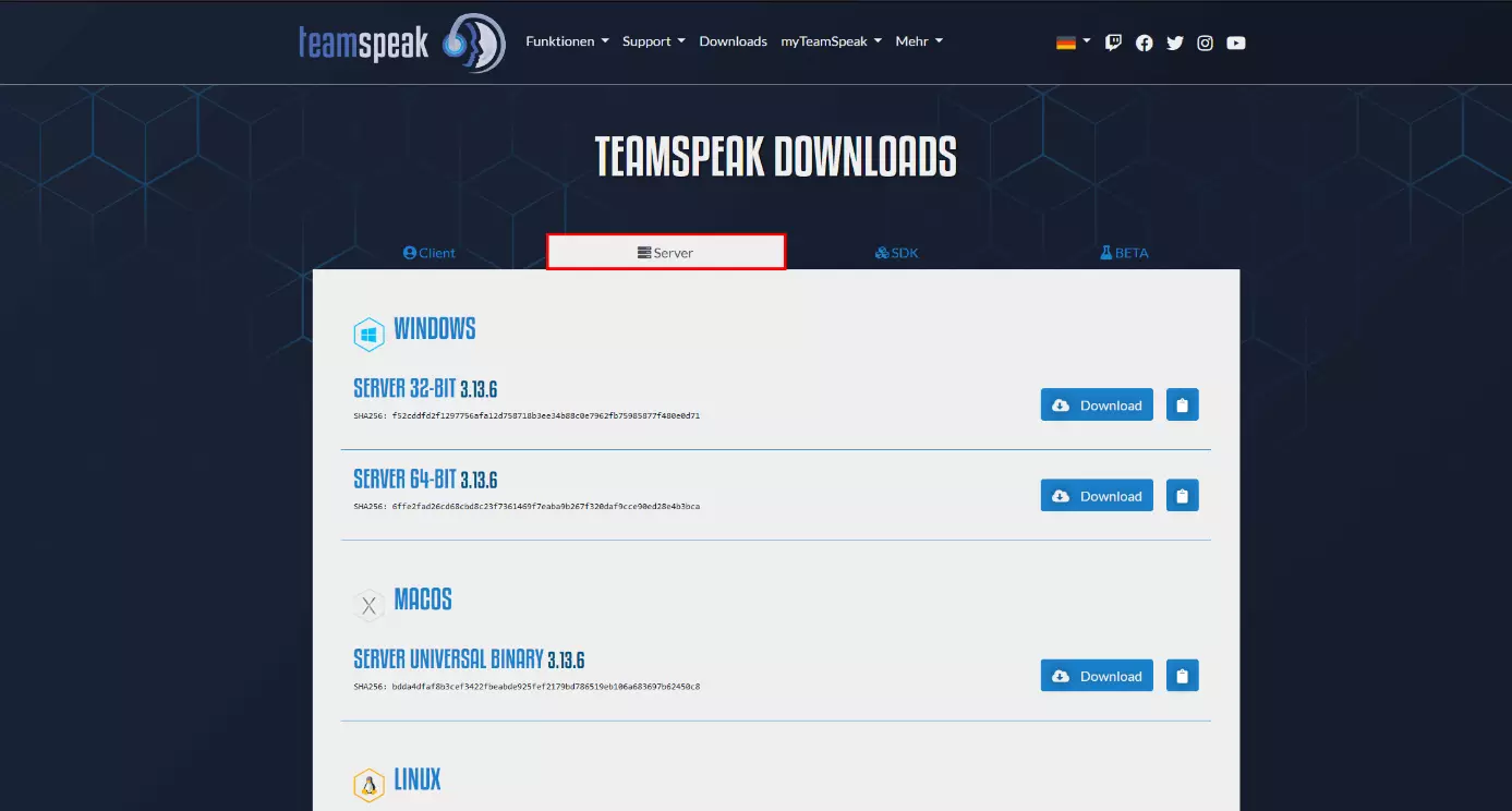 Screenshot des TeamSpeak-Download-Centers