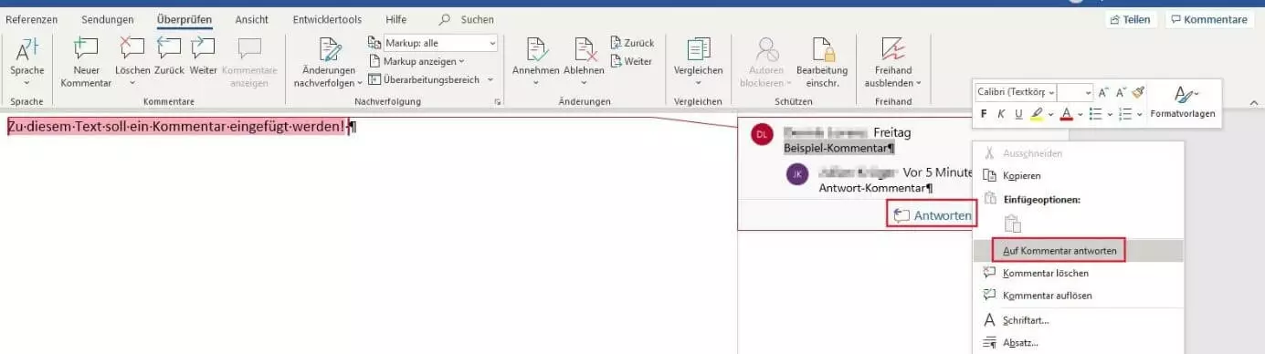 Word 2016: Beispiel-Kommentar inklusive Antwort