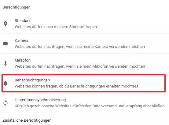 Screenshot der Browsereinstellung „Berechtigungen“ bei Chrome