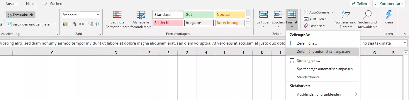 Excel-Menü „Format“ in der „Start“-Menüleiste