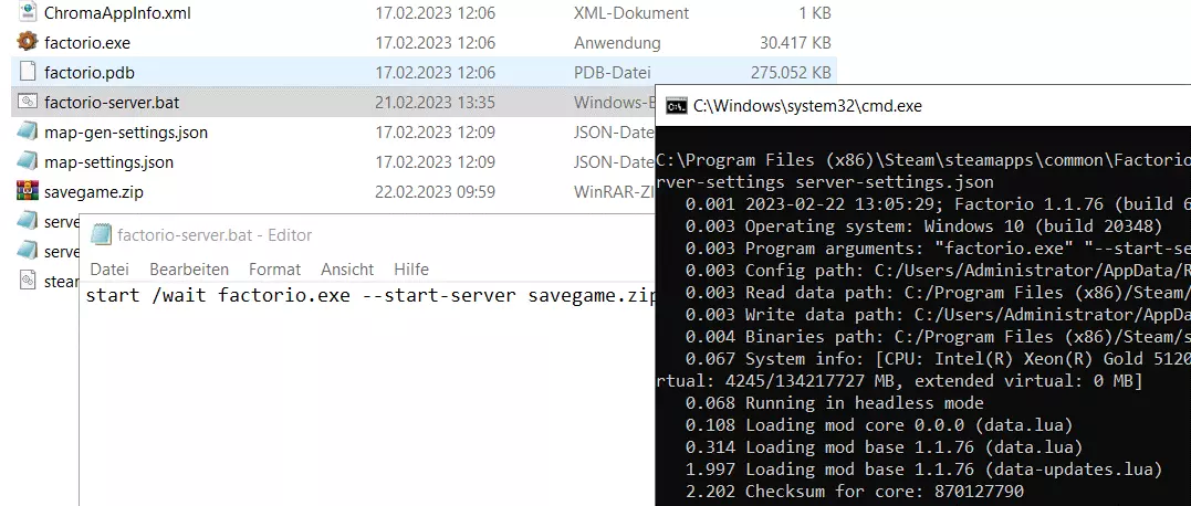 Factorio-Server: Batch-Datei im Hauptverzeichnis der Server-Anwendung