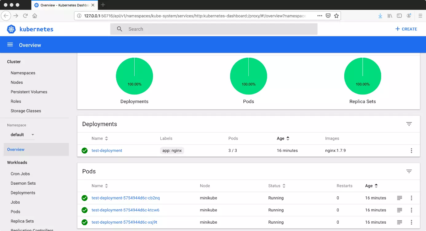 Kubernetes-Dashboard mit einem Deployment und drei Pods