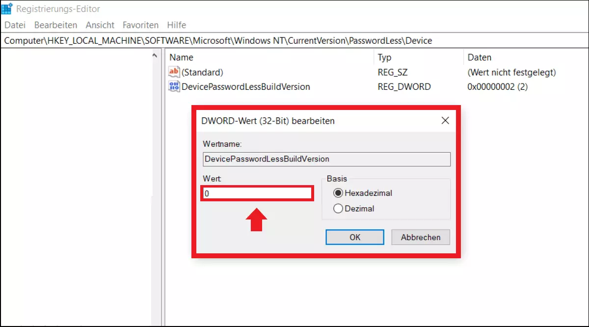 Das Menüfenster im Registrierungseditor zum Ändern der Passwortabfrage