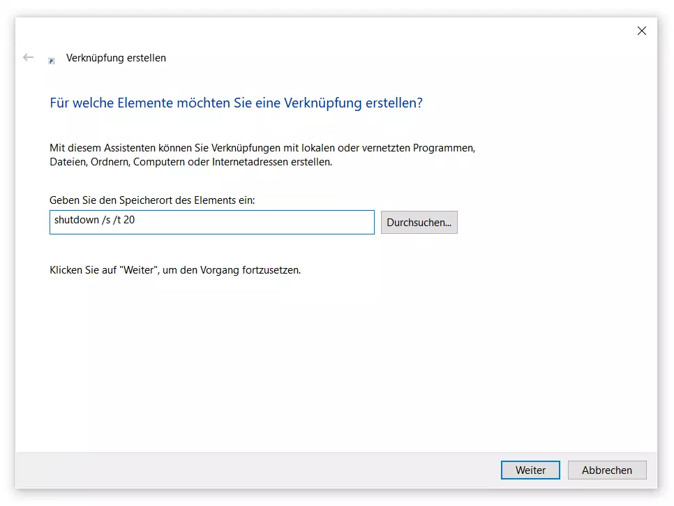 Windows 10: Dialog „Verknüpfung erstellen“