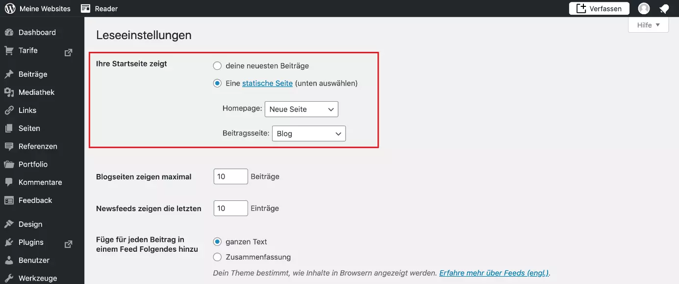 Leseeinstellungen mit Optionen, um eine WordPress-Startseite festzulegen