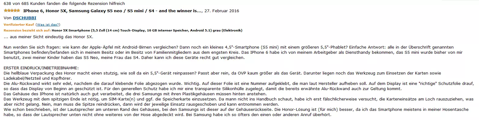 Screenshot einer Amazon-Rezension zum Smartphone Honor 5X