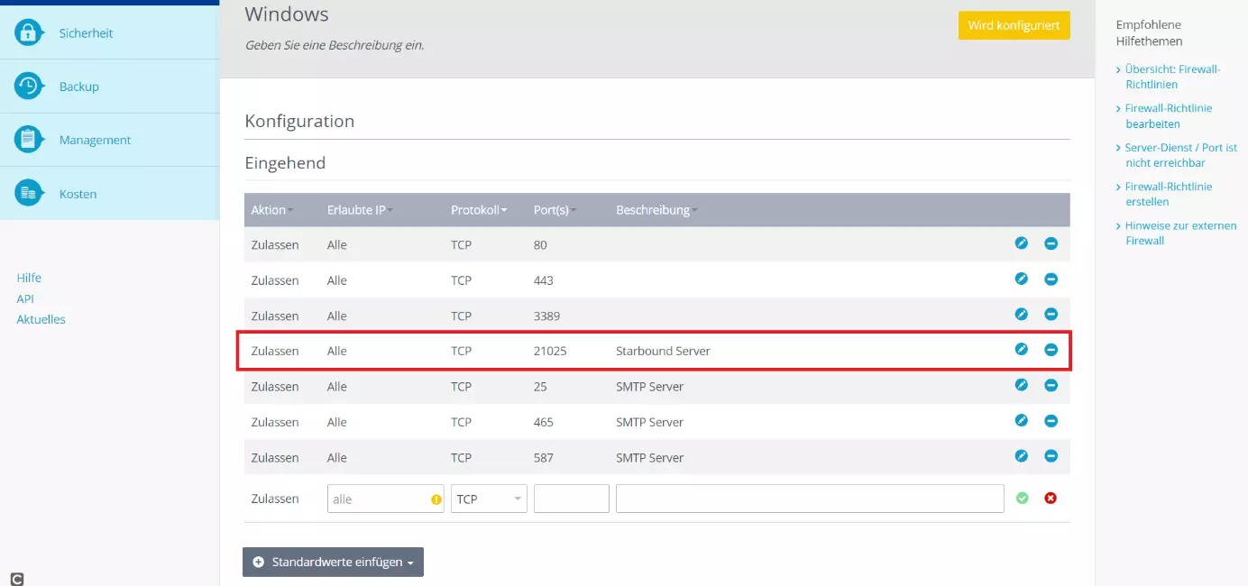 Liste der zugelassenen Ports im Cloud Panel