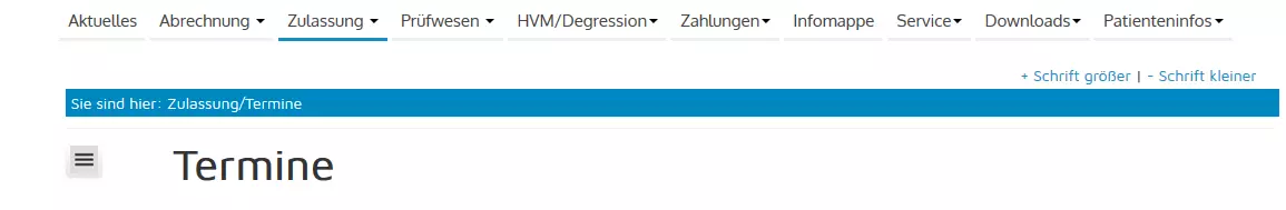 Screenshot der Navigationselemente auf www.kzv-bremen.de