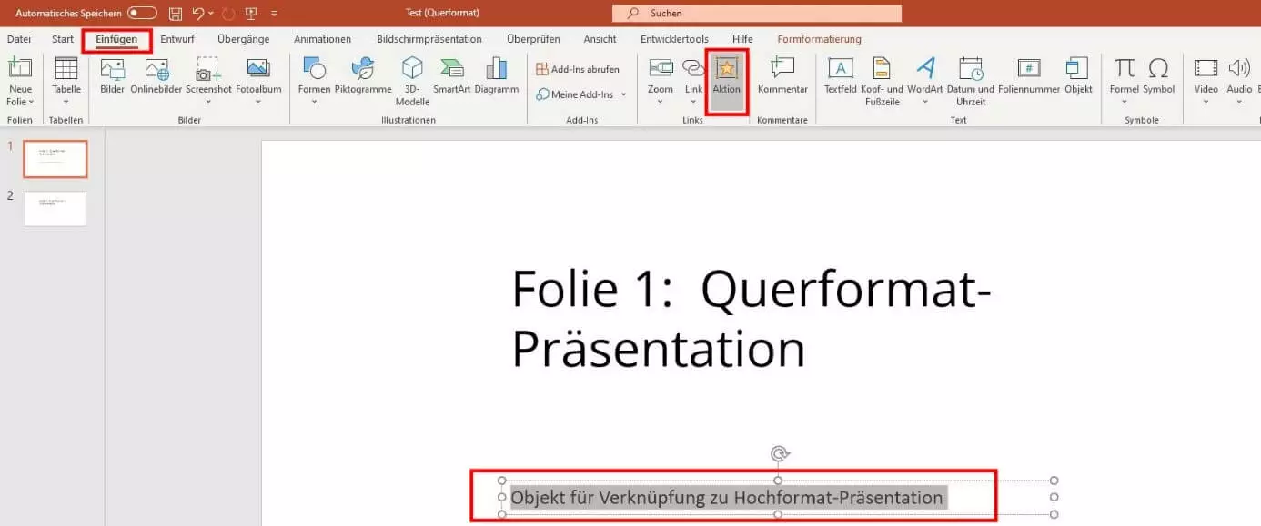 Schaltfläche „Aktion“ im PowerPoint-Reiter „Einfügen“