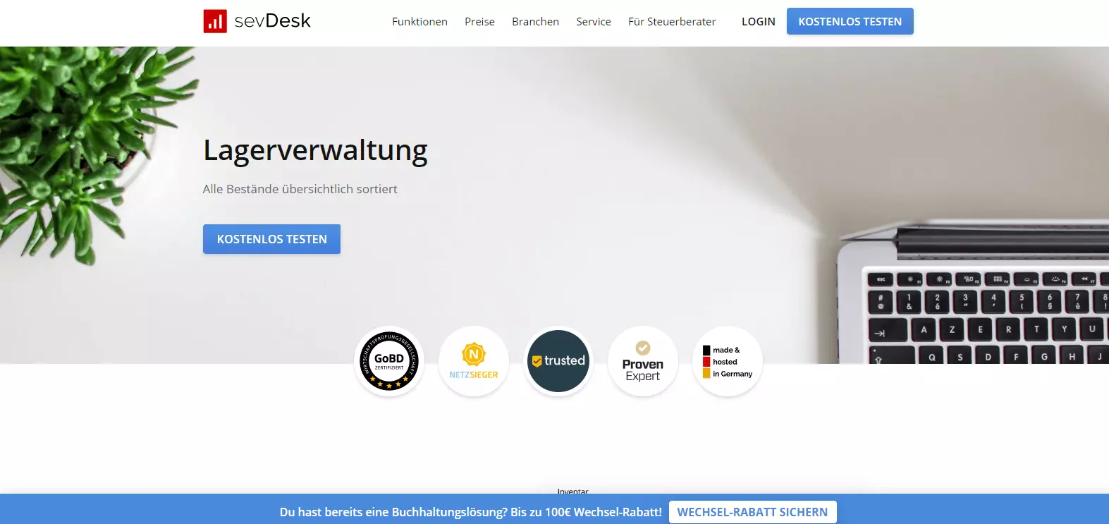 Homepage der sevDesk Warenwirtschaft