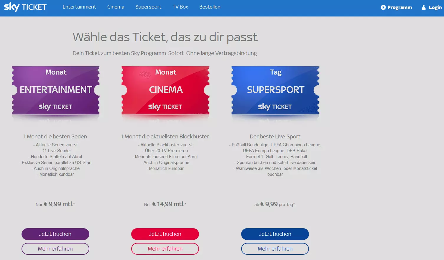 Übersicht mit den unterschiedlichen Tarifen von Sky Ticket