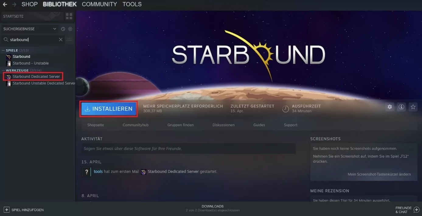 Startseite der Starbound-Dedicated-Server-Anwendung