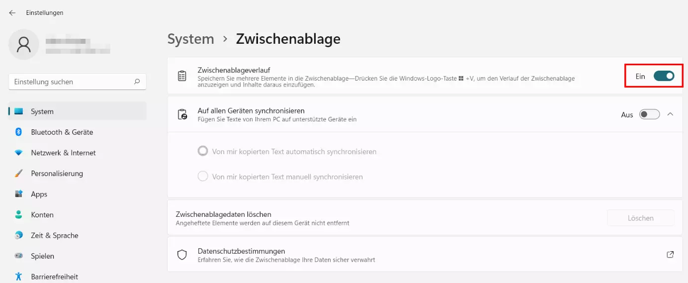 Windows 11: Zwischenablageverlauf aktiv