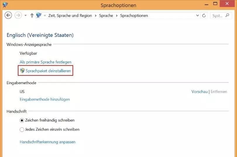 Deinstallation eines Sprachpakets in Windows 8