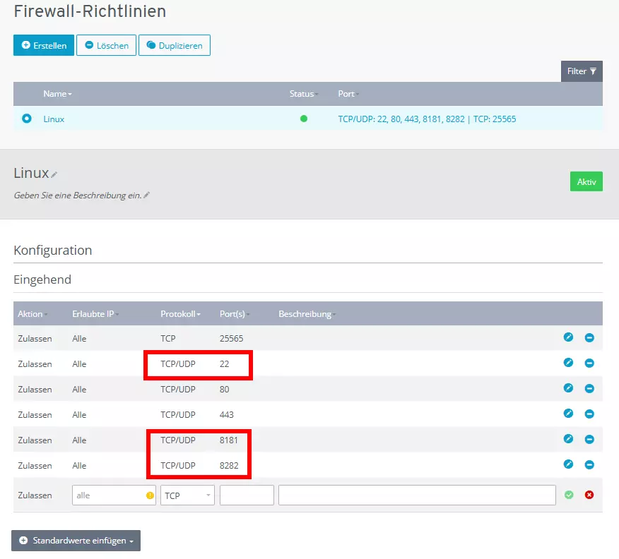 Firewall-Einstellungen im IONOS Cloud Panel mit den freigegebenen Ports 22, 8181 und 8282