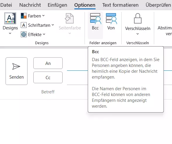 Outlook: Die Schaltfläche „Bcc“ auf der Registerkarte „Optionen“