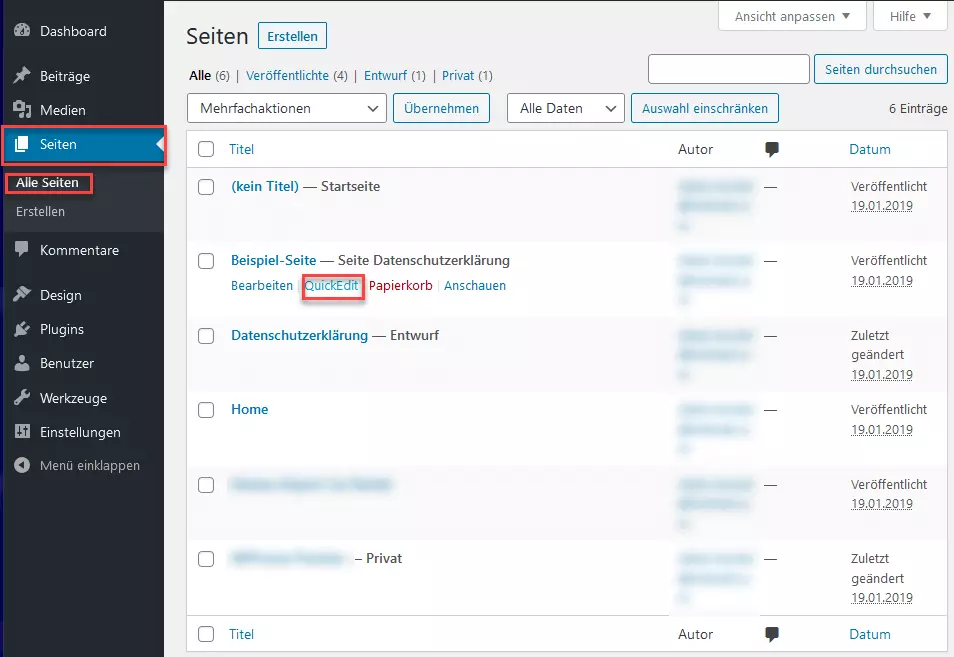 WordPress-Backend „Seiten“ – „Alle Seiten“ mit hervorgehobener „QuickEdit“-Funktion