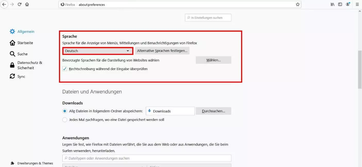 Firefox-Sprache umstellen in den Einstellungen des Firefox-Browsers