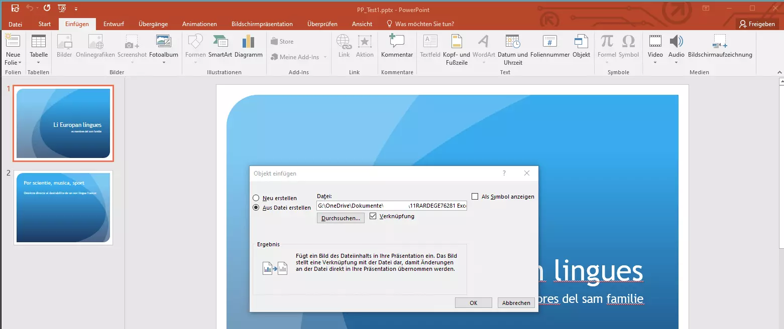 PowerPoint-Dialogfenster „Objekt einfügen“ 
