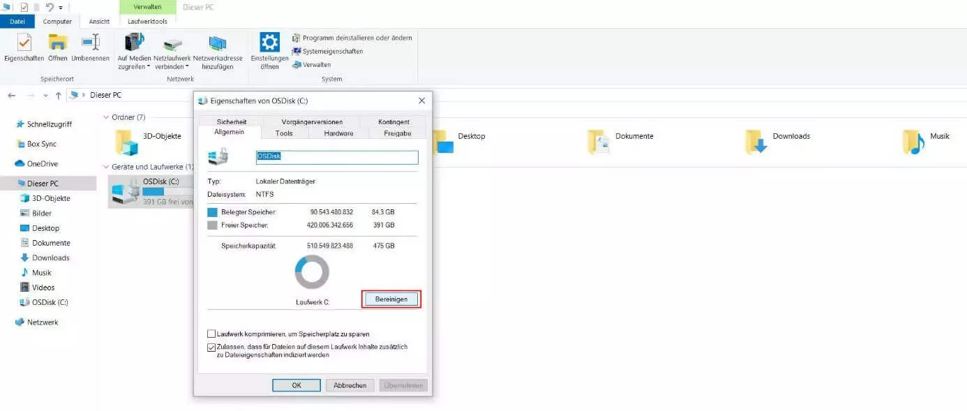 Windows 10: Datenträger-Eigenschaften