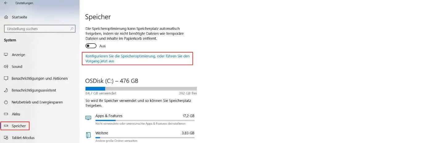 Windows 10: Menü „Speicheroptimierung“