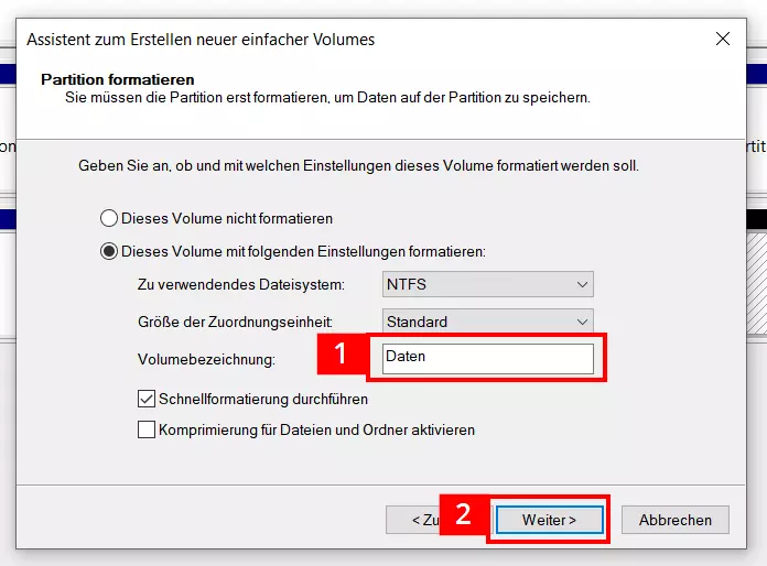 Volume-Assistent mit Option „Partition formatieren“