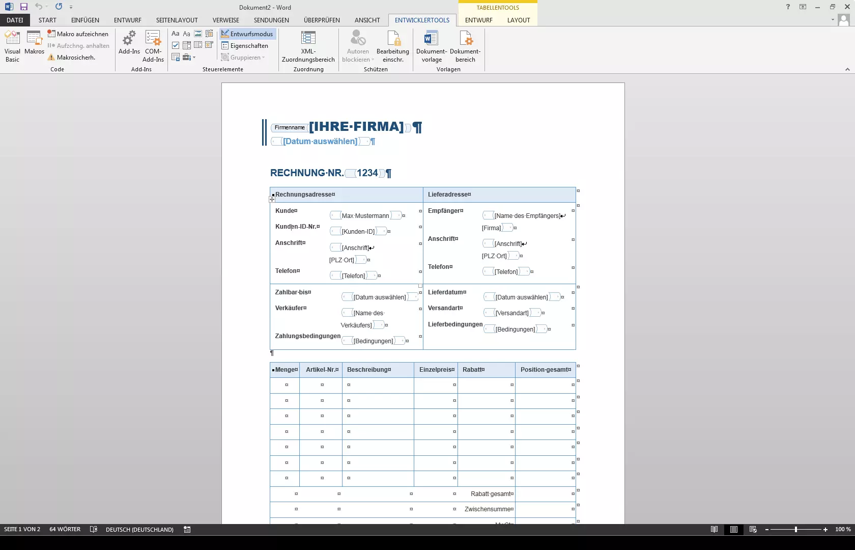 Beispiel-Formularvorlage „Rechnung“ in MS Word im Entwurfsmodus