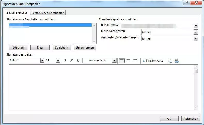 Screenshot der Signatur-Einstellungen von Microsoft Outlook