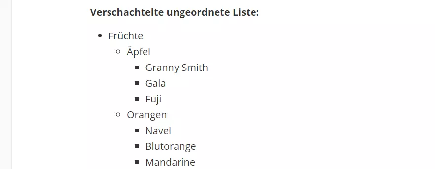 Beispiel für eine verschachtelte ungeordnete HTML-Liste