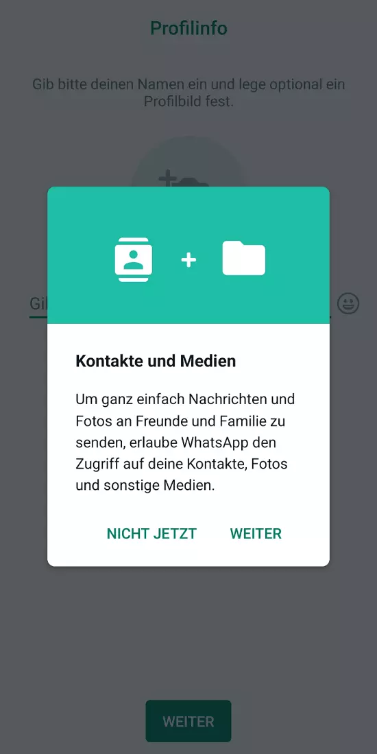 WhatsApp Popup-Meldung für die Freigabe von Kontakten und Medien