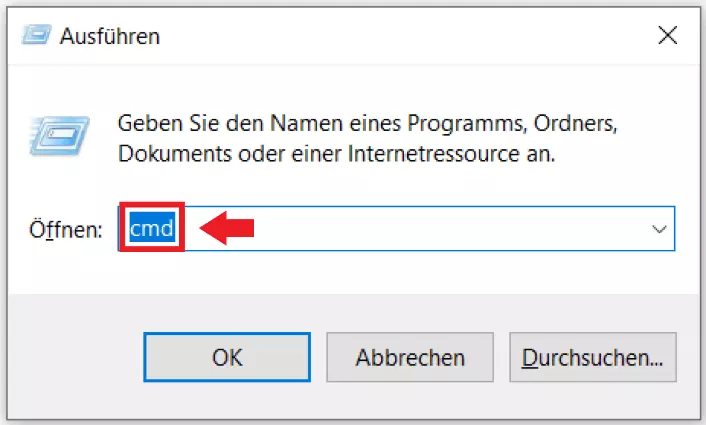 Öffnen Sie den „Ausführen-Dialog“ mit dem Shortcut Windows + R und geben Sie „cmd“ ein