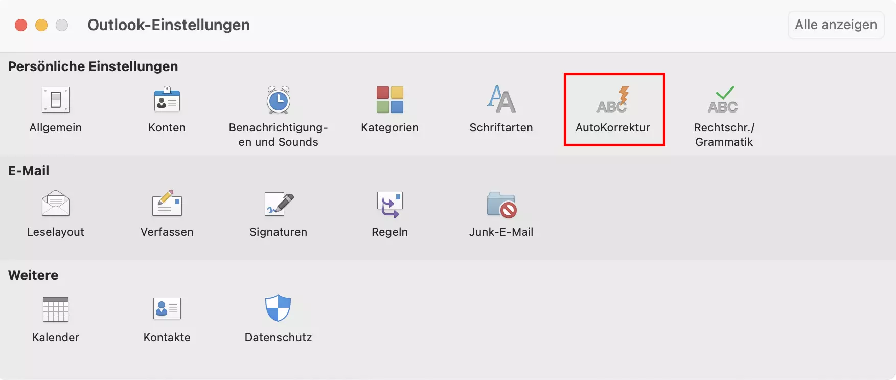 Outlook für Mac: „AutoKorrektur“-Kategorie in den Einstellungen