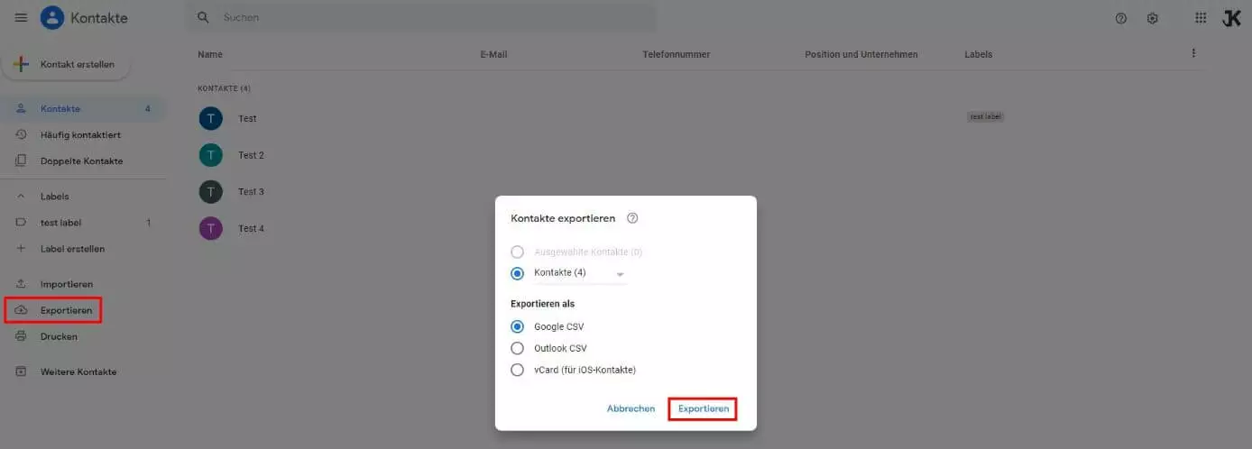 Google Kontakte: Exportieren aller gespeicherten Kontakte